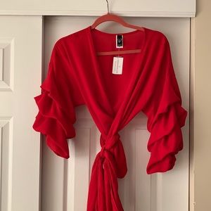 Red wrap around waist cinch top with tie
